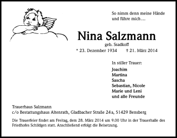 Anzeige von Nina Salzmann von Kölner Stadt-Anzeiger / Kölnische Rundschau / Express