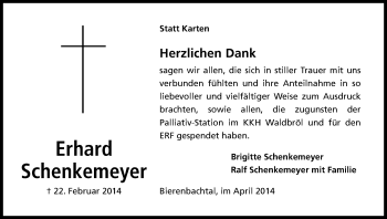 Anzeige von Erhard Schenkemeyer von Kölner Stadt-Anzeiger / Kölnische Rundschau / Express