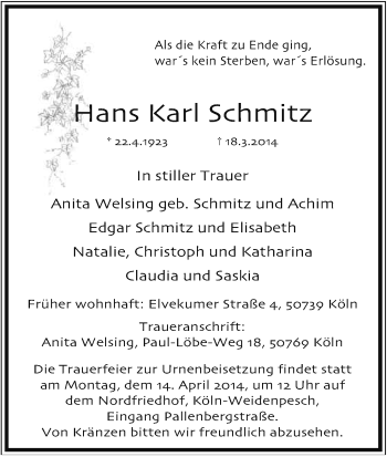 Anzeige von Hans Karl Schmitz von Kölner Stadt-Anzeiger / Kölnische Rundschau / Express