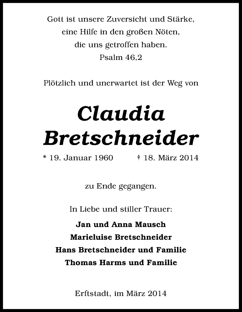  Traueranzeige für Claudia Bretschneider vom 27.03.2014 aus Kölner Stadt-Anzeiger / Kölnische Rundschau / Express