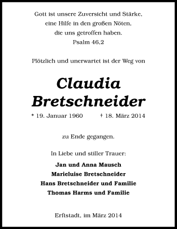 Anzeige von Claudia Bretschneider von Kölner Stadt-Anzeiger / Kölnische Rundschau / Express