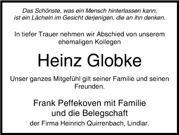 Anzeige von Heinz Globke von Kölner Stadt-Anzeiger / Kölnische Rundschau / Express
