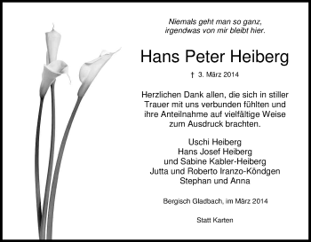 Anzeige von Hans Peter Heiberg von Kölner Stadt-Anzeiger / Kölnische Rundschau / Express