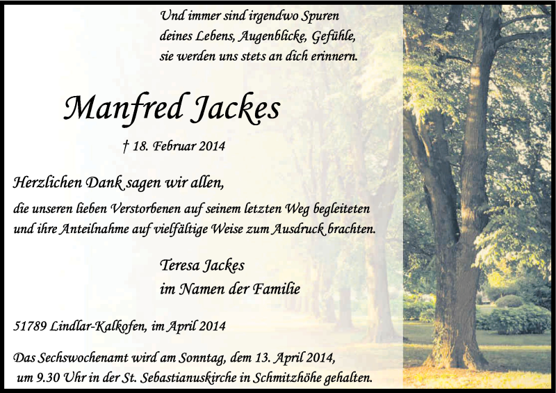  Traueranzeige für Manfred Jackes vom 05.04.2014 aus Kölner Stadt-Anzeiger / Kölnische Rundschau / Express