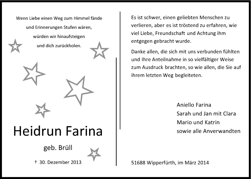  Traueranzeige für Heidrun Farina vom 29.03.2014 aus Kölner Stadt-Anzeiger / Kölnische Rundschau / Express