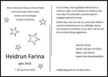 Anzeige von Heidrun Farina von Kölner Stadt-Anzeiger / Kölnische Rundschau / Express
