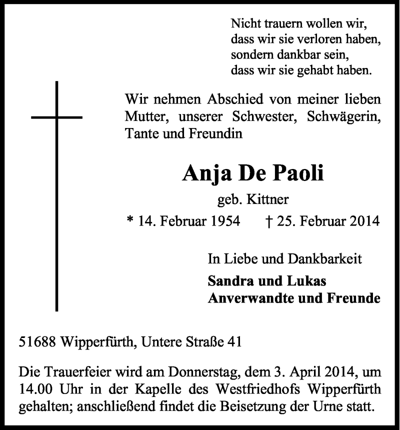  Traueranzeige für Anja DePaoli vom 29.03.2014 aus Kölner Stadt-Anzeiger / Kölnische Rundschau / Express