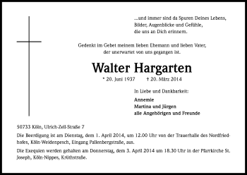 Anzeige von Walter Hargarten von Kölner Stadt-Anzeiger / Kölnische Rundschau / Express