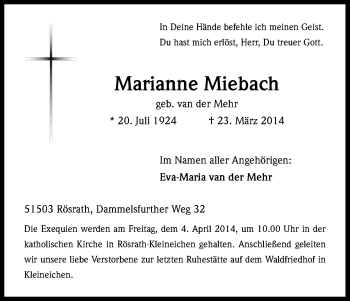 Anzeige von Marianne Miebach von Kölner Stadt-Anzeiger / Kölnische Rundschau / Express