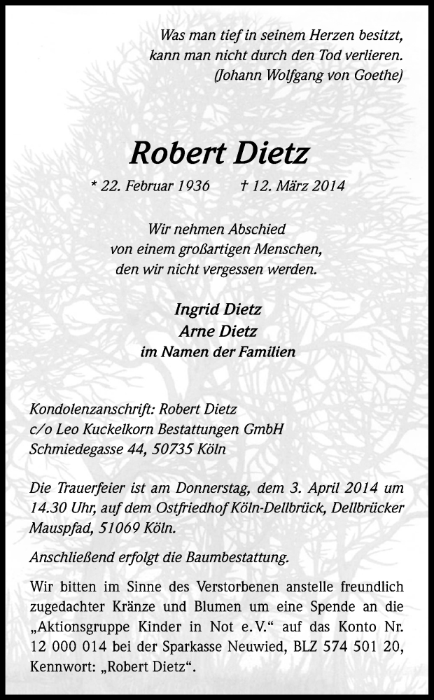  Traueranzeige für Robert Dietz vom 29.03.2014 aus Kölner Stadt-Anzeiger / Kölnische Rundschau / Express