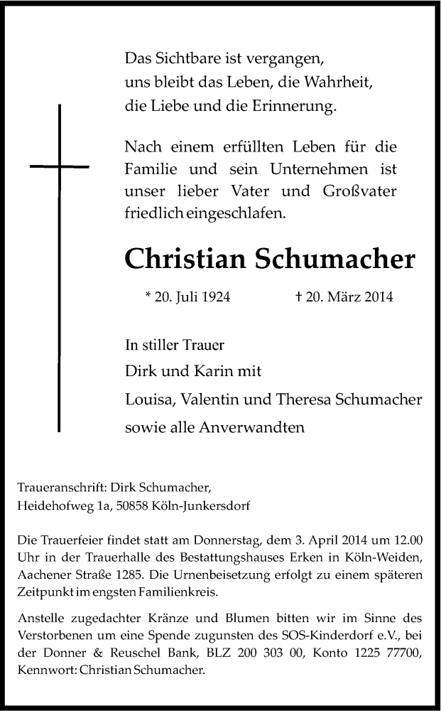  Traueranzeige für Christian Schumacher vom 29.03.2014 aus Kölner Stadt-Anzeiger / Kölnische Rundschau / Express