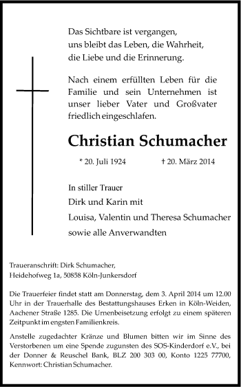 Anzeige von Christian Schumacher von Kölner Stadt-Anzeiger / Kölnische Rundschau / Express