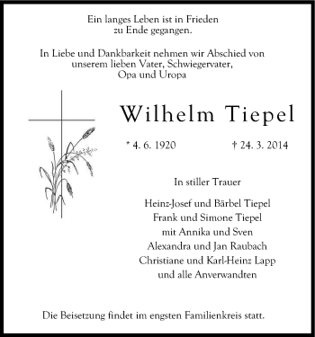 Anzeige von Wilhelm Tiepel von Kölner Stadt-Anzeiger / Kölnische Rundschau / Express