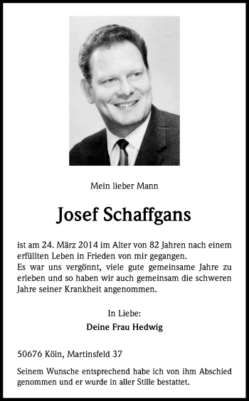 Anzeige von Josef Schaffgans von Kölner Stadt-Anzeiger / Kölnische Rundschau / Express