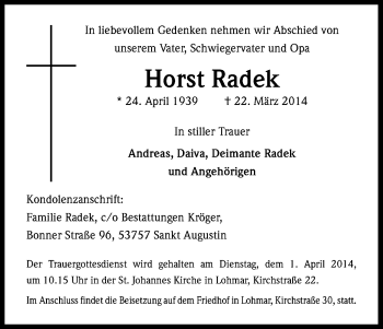Anzeige von Horst Radek von Kölner Stadt-Anzeiger / Kölnische Rundschau / Express