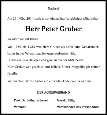 Anzeige von Peter Gruber von Kölner Stadt-Anzeiger / Kölnische Rundschau / Express