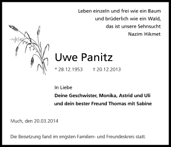 Anzeige von Uwe  Panitz von Kölner Stadt-Anzeiger / Kölnische Rundschau / Express