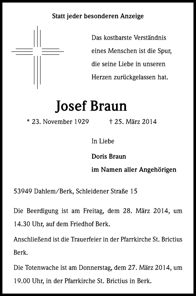  Traueranzeige für Josef Braun vom 27.03.2014 aus Kölner Stadt-Anzeiger / Kölnische Rundschau / Express