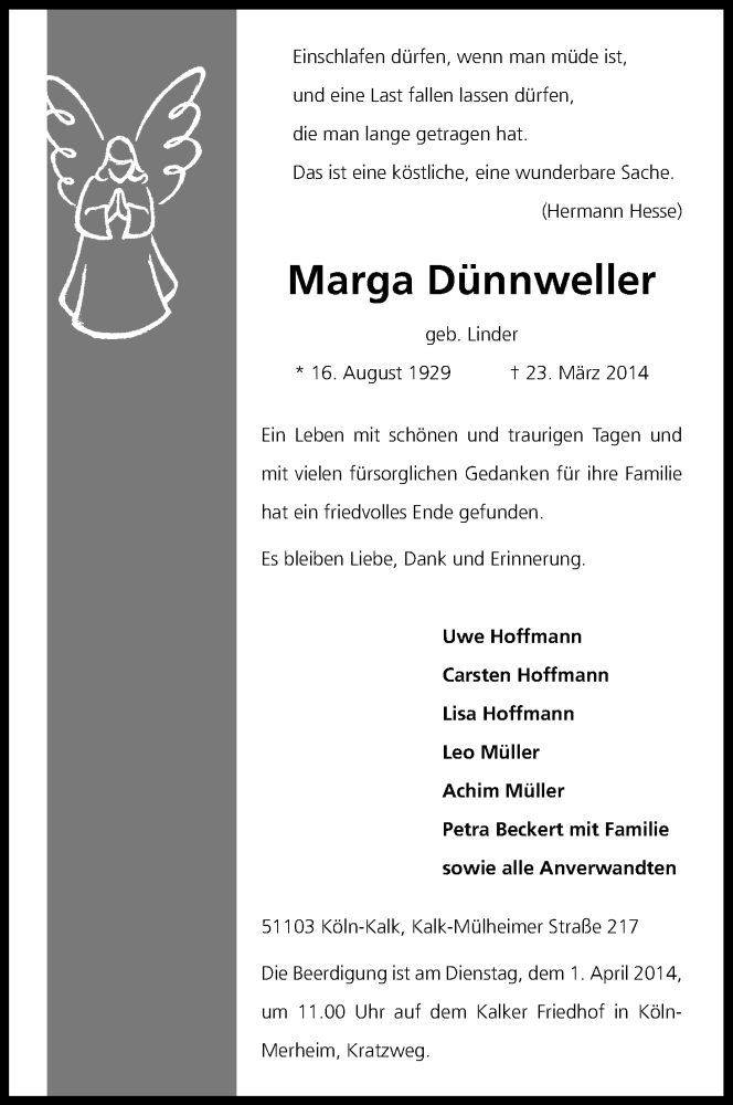  Traueranzeige für Marga Dünnweller vom 29.03.2014 aus Kölner Stadt-Anzeiger / Kölnische Rundschau / Express