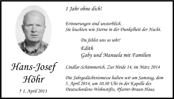 Anzeige von Hans-Josef Höhr von Kölner Stadt-Anzeiger / Kölnische Rundschau / Express