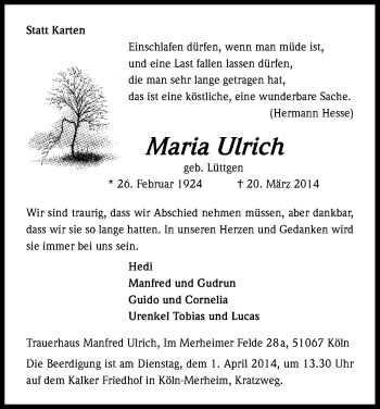Anzeige von Maria Ulrich von Kölner Stadt-Anzeiger / Kölnische Rundschau / Express