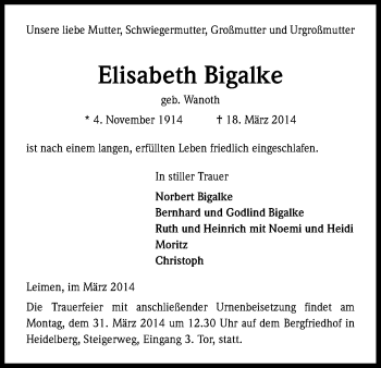 Anzeige von Elisabeth Bigalke von Kölner Stadt-Anzeiger / Kölnische Rundschau / Express
