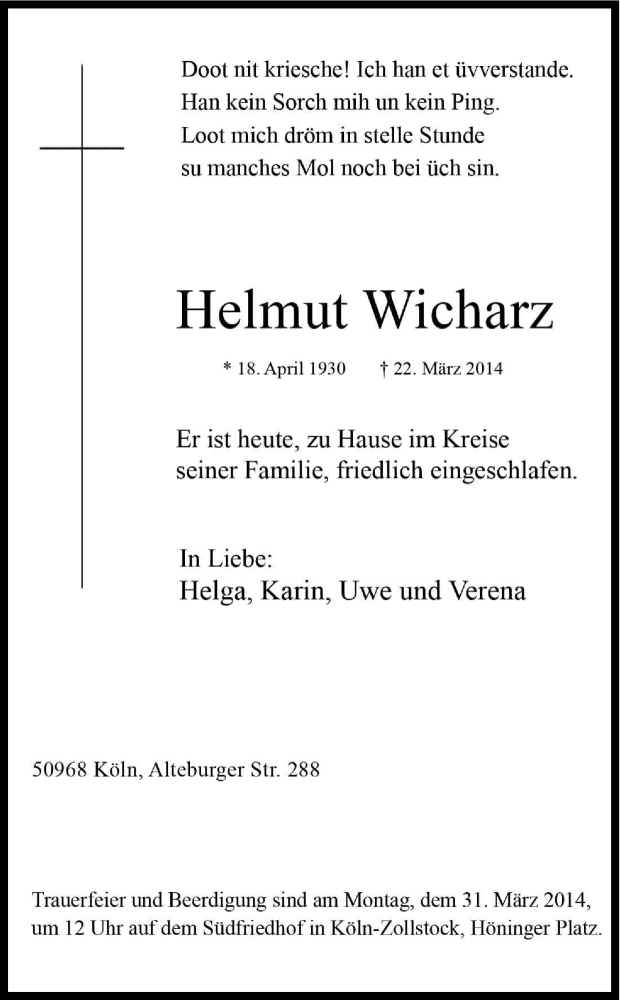  Traueranzeige für Helmut Wicharz vom 28.03.2014 aus Kölner Stadt-Anzeiger / Kölnische Rundschau / Express