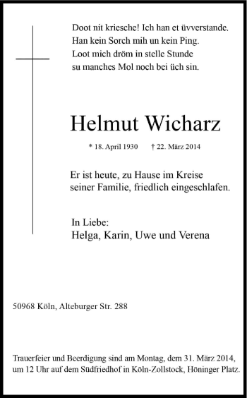 Anzeige von Helmut Wicharz von Kölner Stadt-Anzeiger / Kölnische Rundschau / Express