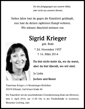 Anzeige von Sigrid Krieger von Kölner Stadt-Anzeiger / Kölnische Rundschau / Express