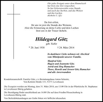 Anzeige von Hildegard Götz von Kölner Stadt-Anzeiger / Kölnische Rundschau / Express