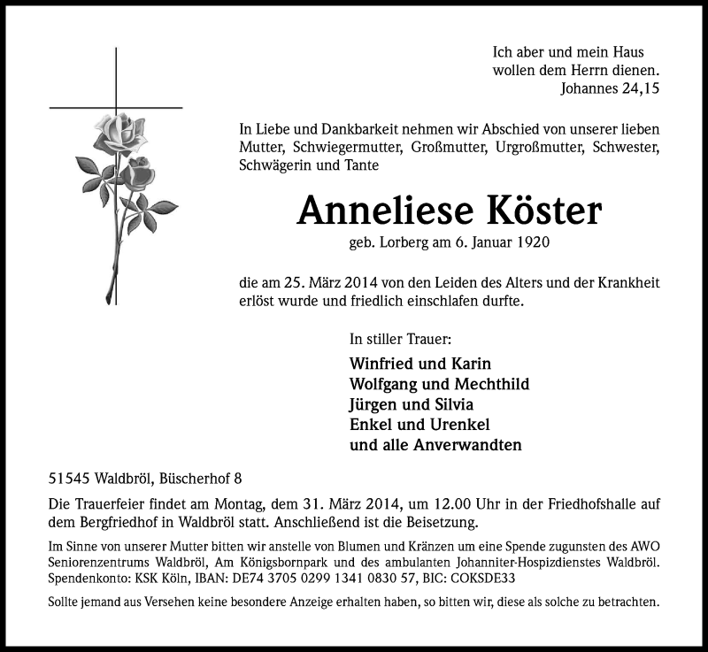  Traueranzeige für Anneliese Köster vom 27.03.2014 aus Kölner Stadt-Anzeiger / Kölnische Rundschau / Express