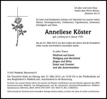 Anzeige von Anneliese Köster von Kölner Stadt-Anzeiger / Kölnische Rundschau / Express