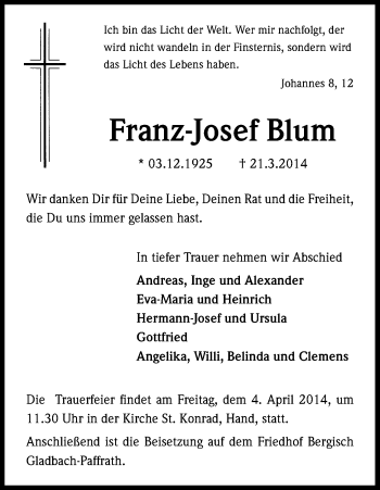 Anzeige von Franz-Josef Blum von Kölner Stadt-Anzeiger / Kölnische Rundschau / Express