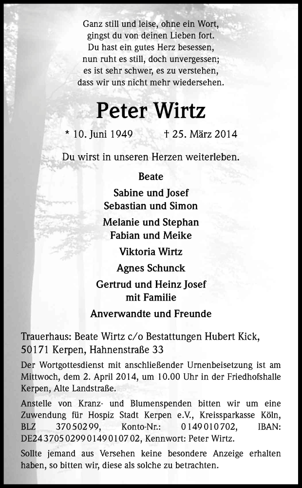  Traueranzeige für Peter Wirtz vom 29.03.2014 aus Kölner Stadt-Anzeiger / Kölnische Rundschau / Express