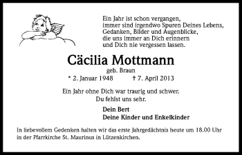 Anzeige von Cäcilia Mottmann von Kölner Stadt-Anzeiger / Kölnische Rundschau / Express