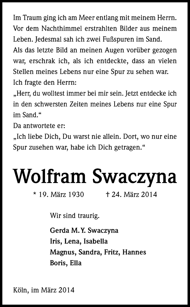  Traueranzeige für Wolfram Swaczyna vom 29.03.2014 aus Kölner Stadt-Anzeiger / Kölnische Rundschau / Express