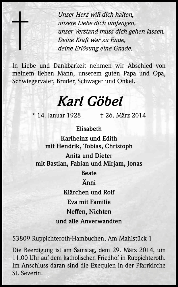  Traueranzeige für Karl Göbel vom 27.03.2014 aus Kölner Stadt-Anzeiger / Kölnische Rundschau / Express