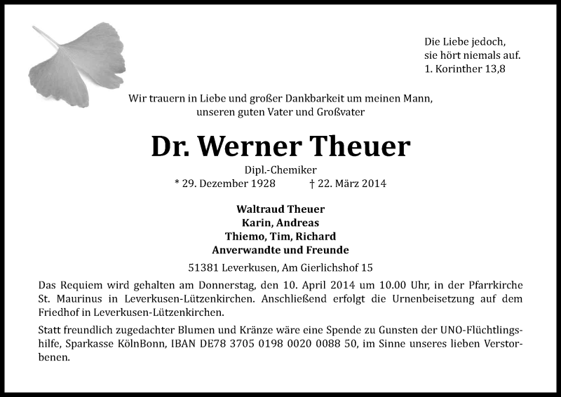  Traueranzeige für Werner  Theuer vom 01.04.2014 aus Kölner Stadt-Anzeiger / Kölnische Rundschau / Express