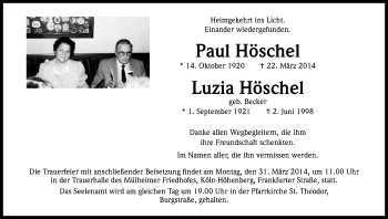 Anzeige von Paul und Luzia Höschel von Kölner Stadt-Anzeiger / Kölnische Rundschau / Express