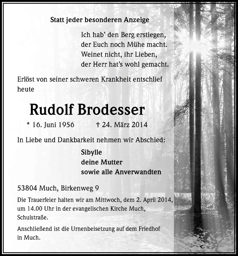  Traueranzeige für Rudolf Brodesser vom 29.03.2014 aus Kölner Stadt-Anzeiger / Kölnische Rundschau / Express