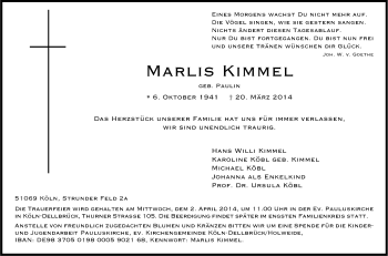 Anzeige von Marlis Kimmel von Kölner Stadt-Anzeiger / Kölnische Rundschau / Express