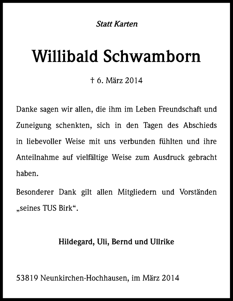  Traueranzeige für Willibald Schwamborn vom 29.03.2014 aus Kölner Stadt-Anzeiger / Kölnische Rundschau / Express