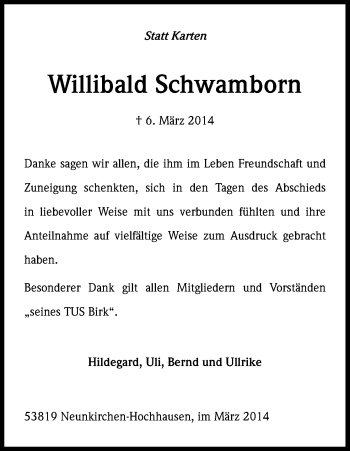 Anzeige von Willibald Schwamborn von Kölner Stadt-Anzeiger / Kölnische Rundschau / Express