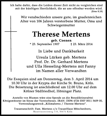 Anzeige von Therese Mertens von Kölner Stadt-Anzeiger / Kölnische Rundschau / Express