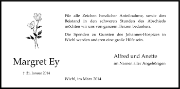 Anzeige von Margret Ey von Kölner Stadt-Anzeiger / Kölnische Rundschau / Express