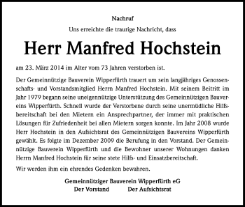 Anzeige von Manfred Hochstein von Kölner Stadt-Anzeiger / Kölnische Rundschau / Express