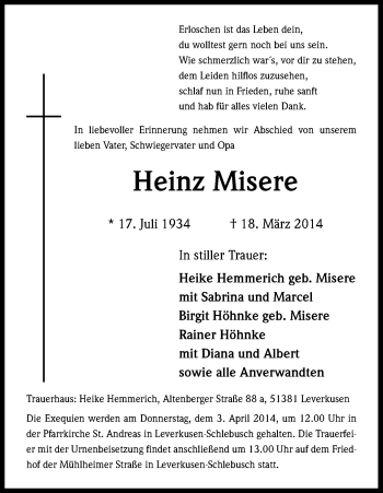 Anzeige von Heinz Misere von Kölner Stadt-Anzeiger / Kölnische Rundschau / Express