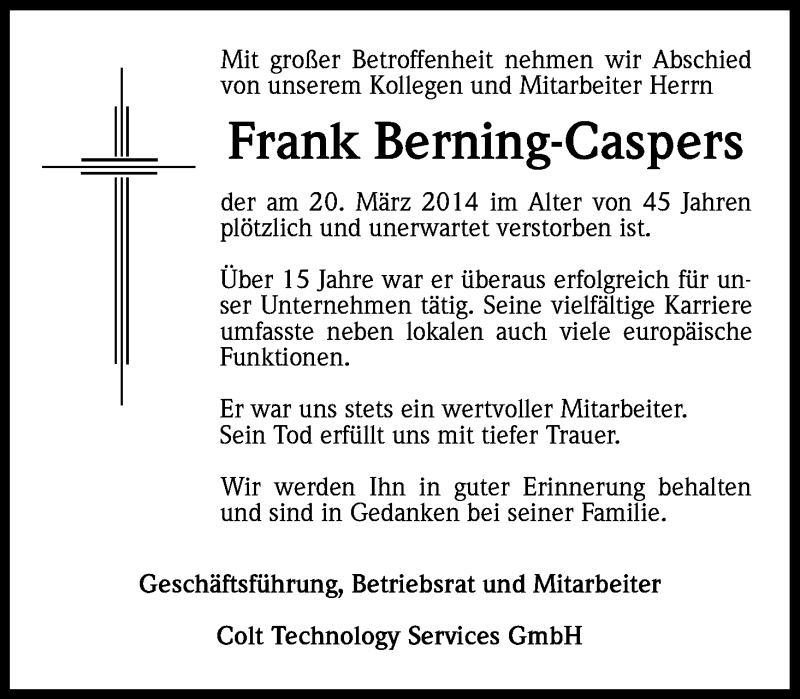  Traueranzeige für Frank Berning-Caspers vom 29.03.2014 aus Kölner Stadt-Anzeiger / Kölnische Rundschau / Express