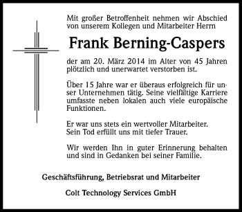 Anzeige von Frank Berning-Caspers von Kölner Stadt-Anzeiger / Kölnische Rundschau / Express
