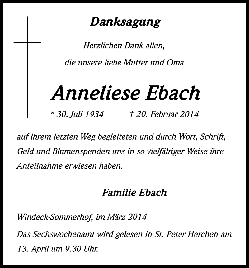  Traueranzeige für Anneliese Ebach vom 28.03.2014 aus Kölner Stadt-Anzeiger / Kölnische Rundschau / Express